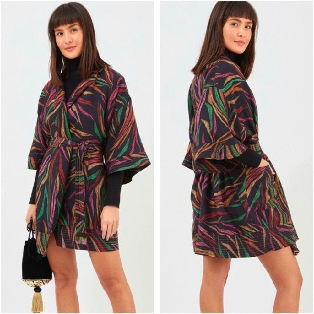 NWT FARM RIO Black Shiny Multicolor Leaf Print Mini Wrap Dress Size XS - Picture 2 of 7